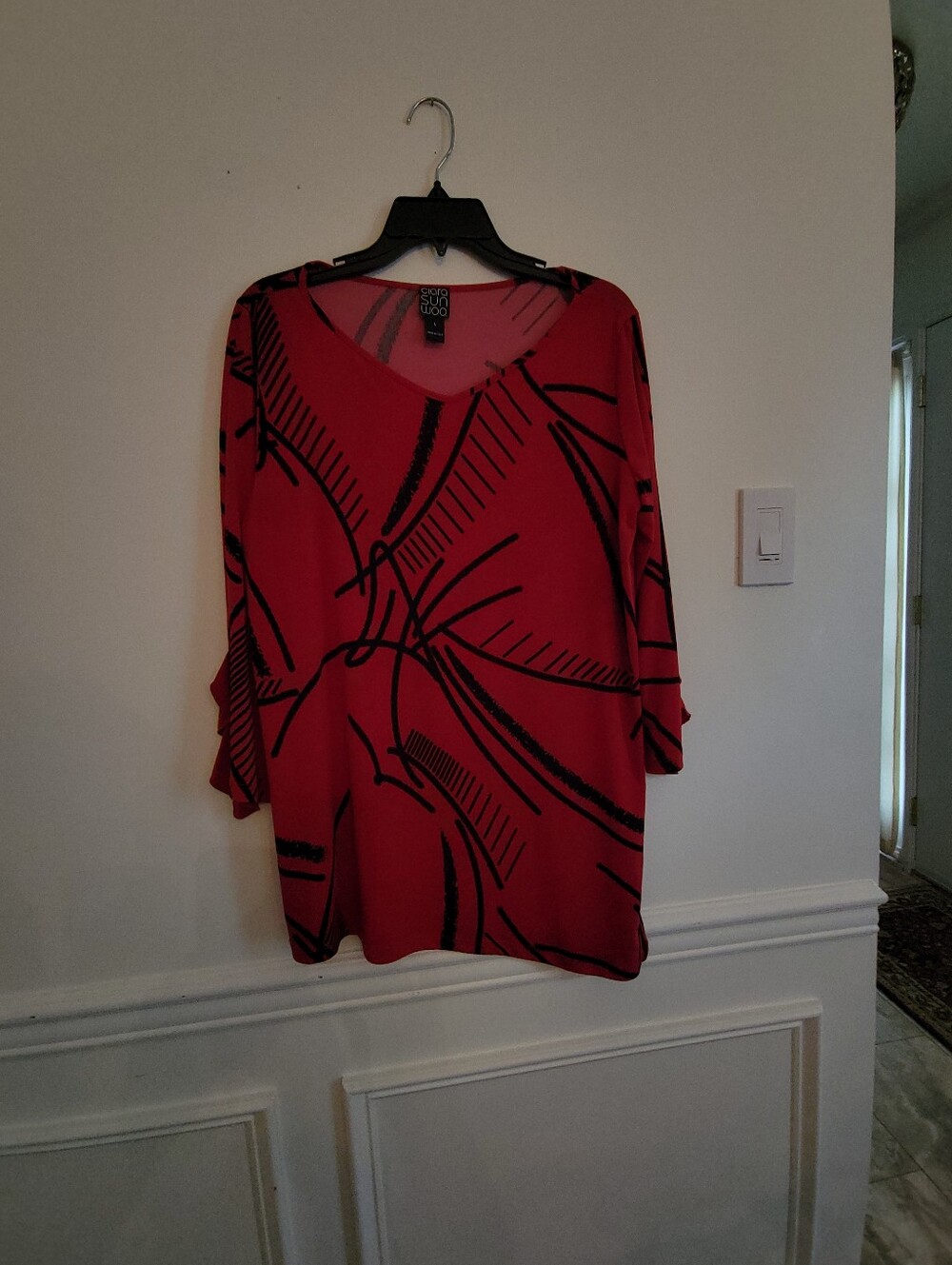 Clara Sun Woo Red Tunic with Black Abstract Brushstroke Print